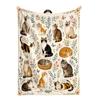 Cats and Wildflowers Pattern Blanket: Vintage Feline Garden Design