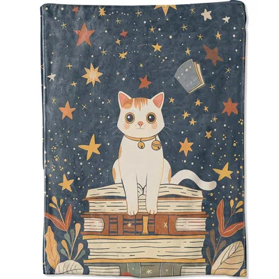 Cartoon Cat on Stacked Blanket: Whimsical Kitten and Books Design