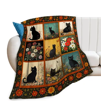 Black Cats Floral Patchwork Blanket