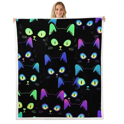 Black Cats with Colorful Blanket Featuring Neon Eyes and Vibrant Ears