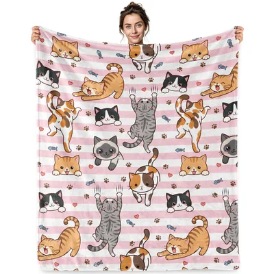 Cartoon Cats on Pink Stripes Blanket: Playful Feline Artwork