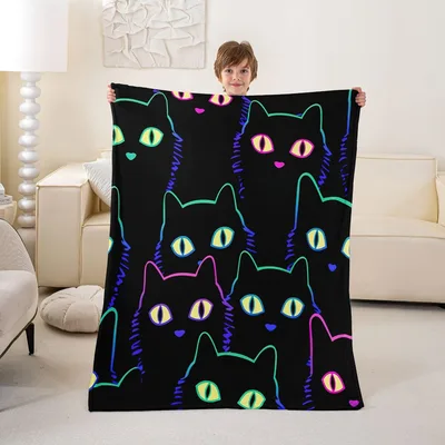 Black Cats Neon Pattern Blanket: Vibrant Feline Art for Your Sofa