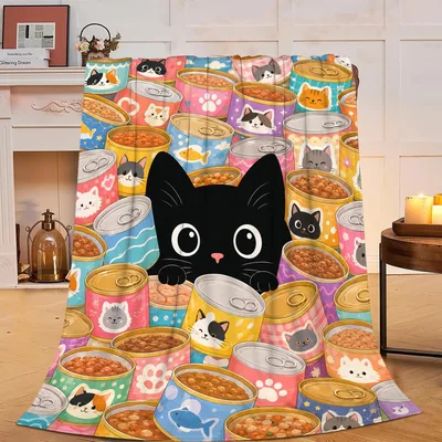 Black Cat Food Cans Blanket: Kawaii Feline and Can Pattern