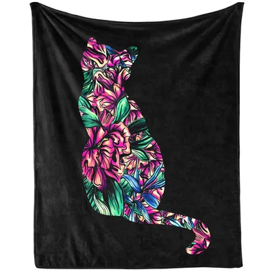 Floral Cat Silhouette Blanket: Vibrant Floral Feline Design for Lovers