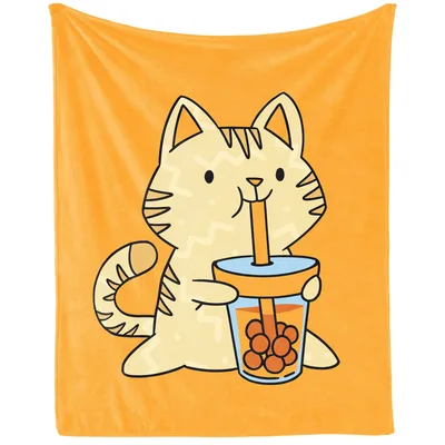 Cat Drinking Boba Tea Blanket: Cute Feline with Orange Drink