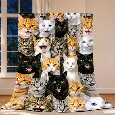 Cats Faces Collage Blanket featuring a grid of yelling