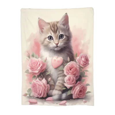 Kitten with Pink Roses Blanket: Fluffy Tabby and Heart Candy