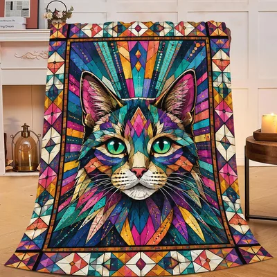Geometric Colorful Cat Blanket: A Vibrant Feline Portrait