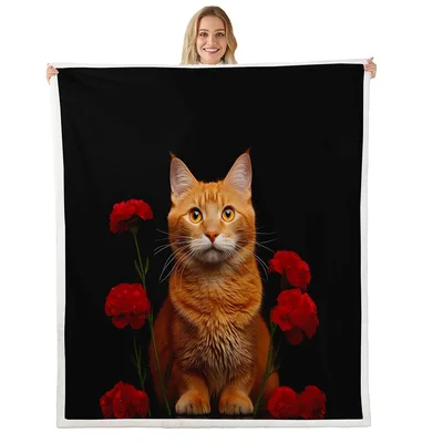 Orange Cat with Red Blanket: Ginger Feline and Floral Art