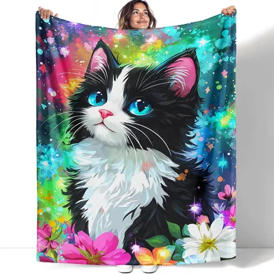 Cat with Blue Eyes Blanket: A Vibrant Feline and Floral Design