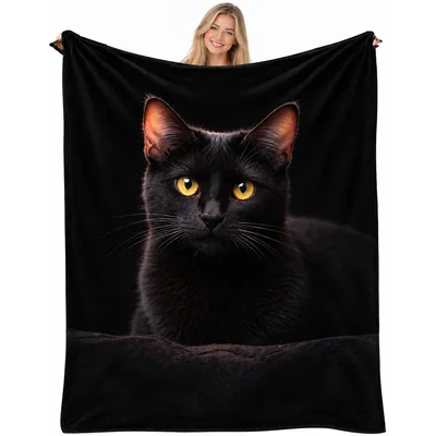 Black Cat Portrait Staring Blanket: Intense Feline Gaze Design