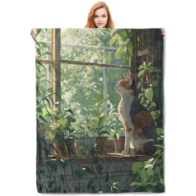Calico Cat by Window Blanket: Cozy Feline and Houseplant Art