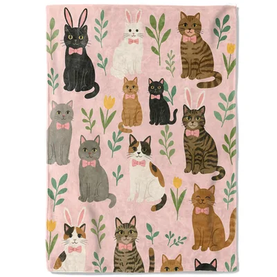 Spring Cat Pattern Blanket: Feline Friends with Bunny Ears and Bows