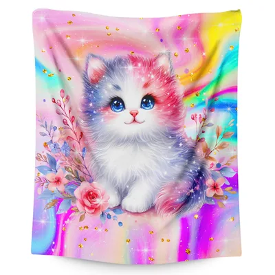 Rainbow Kitten Art Blanket: A Fluffy Feline in a Galaxy of Color
