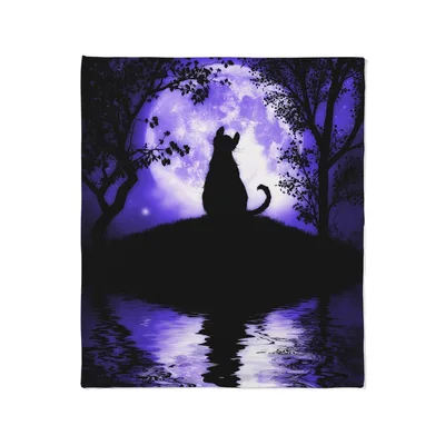 Black Cat Moon Silhouette Blanket: Purple Night Scene