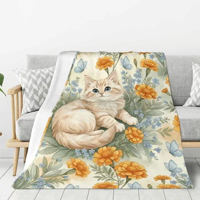 Cute Kitten and Flowers Blanket: Fluffy Cat with Marigolds