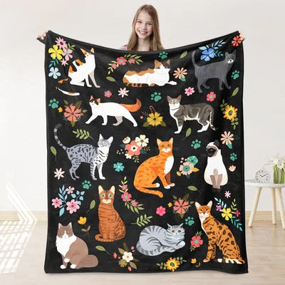 Cats and Flowers on Black Blanket
