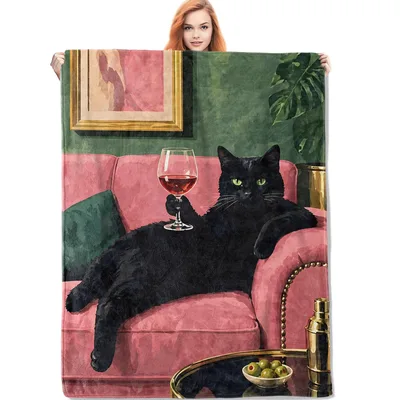 Black Cat on Pink Blanket: A Feline Sipping Wine on a Velvet Sofa