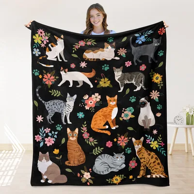 Cats and Flowers Blanket: A Black Throw with Cats and Floral Patterns