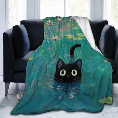 Black Cat on Teal Blanket: Artistic Feline in a Pond