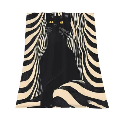 Black Cat Stripes Design Blanket: Retro Feline Art with Wavy Patterns
