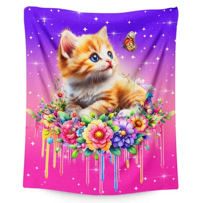 Kitten in Flower Bed Blanket: A Whimsical Feline Art Print