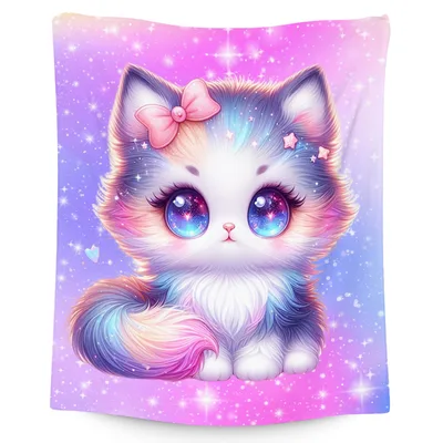 Cute Cat with Pink Blanket Featuring a Galaxy Kitten and Sparkling Bow