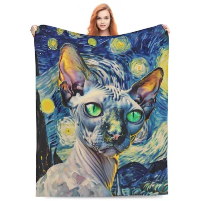 Sphynx Cat in Starry Blanket: Van Gogh Style Hairless Cat Art
