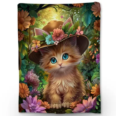 Cute Kitten in Flower Blanket: Fluffy Cat Wearing a Floral Hat