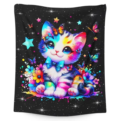 Rainbow Cat with Butterflies Blanket: A Vibrant Feline Art Print
