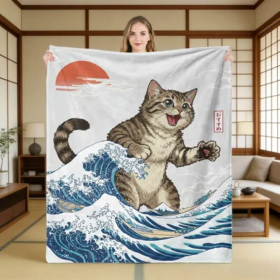 Cat Surfing Great Wave Blanket: Feline Ukiyo-e Art Design