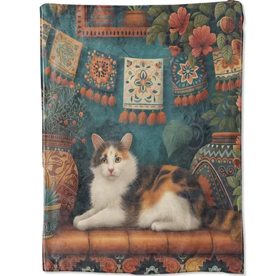 Calico Cat on Vintage Blanket: A Tricolor Feline on a Retro Sofa