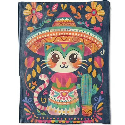 Mexican Cat with Sombrero Blanket featuring a colorful feline