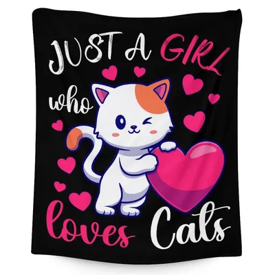 Just a Girl Blanket Featuring a Winking Cat and Pink Hearts