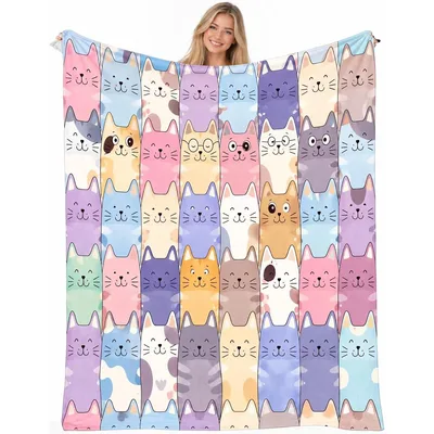 Pastel Cats Pattern Blanket: A Grid of Cute Feline Faces