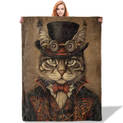 Steampunk Cat in Top Hat Blanket: Victorian Feline with Goggles