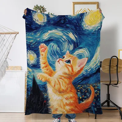 Starry Night Cat Painting Blanket: Whimsical Feline Art for Your Couch