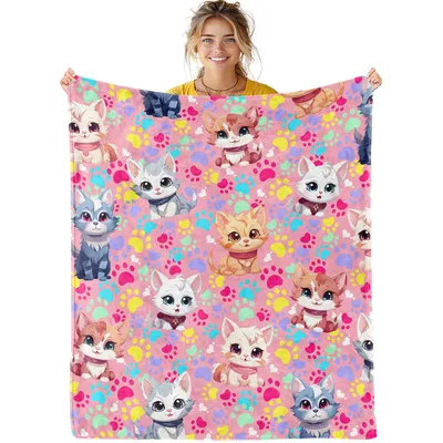 Cat Paw Print Pattern Blanket: Cute Kitten and Colorful Paws Design