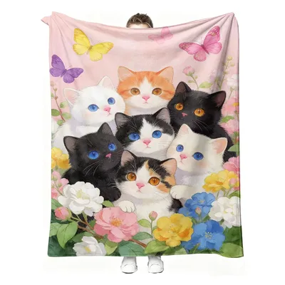 Kawaii Cats with Flowers Blanket: A Group of Kittens and Butterflies