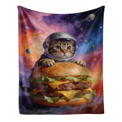 Astronaut Cat Holding Burger Blanket featuring a tabby feline