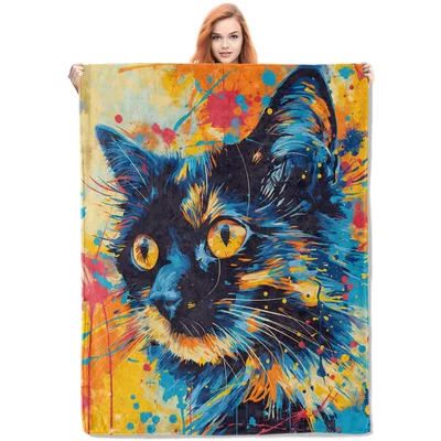 Colorful Splash Art Cat Blanket: Vibrant Abstract Feline