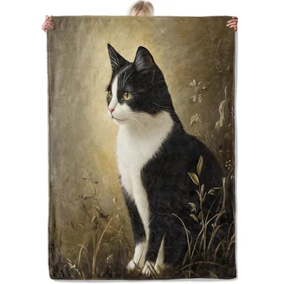 Vintage Tuxedo Cat Painting Blanket: Classic Art for Feline Lovers