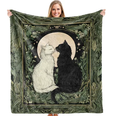 Black and White Cats Under Blanket: Art Nouveau Moon Design