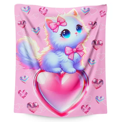 Cute Cat on Heart Blanket: Fluffy Kitten with Pink Bows