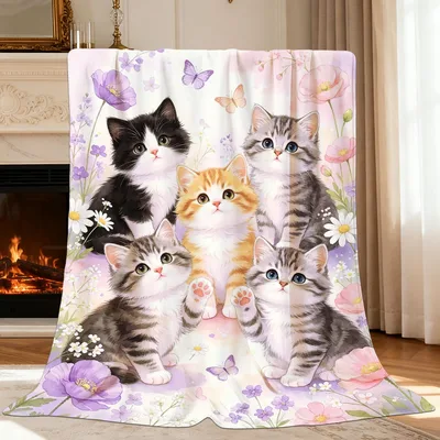 Cute Kittens Pink Flowers Blanket: Fuzzy Cats and Butterflies
