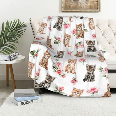 Rose Cats Pattern Blanket: Kitten and Rose Floral Throw