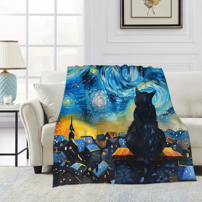 Starry Night Cat on Rooftop Blanket: Artistic Feline Stargazing