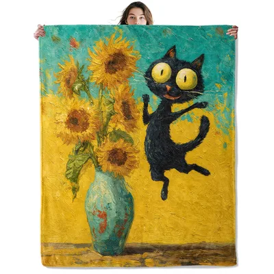 Black Cat and Sunflowers Blanket