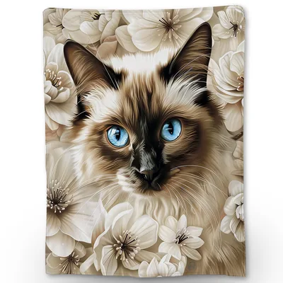 Siamese Cat Among White Blanket: A Fluffy Feline in a Floral Garden