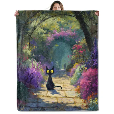 Black Cat on Garden Blanket: Whimsical Feline on a Flowering Path